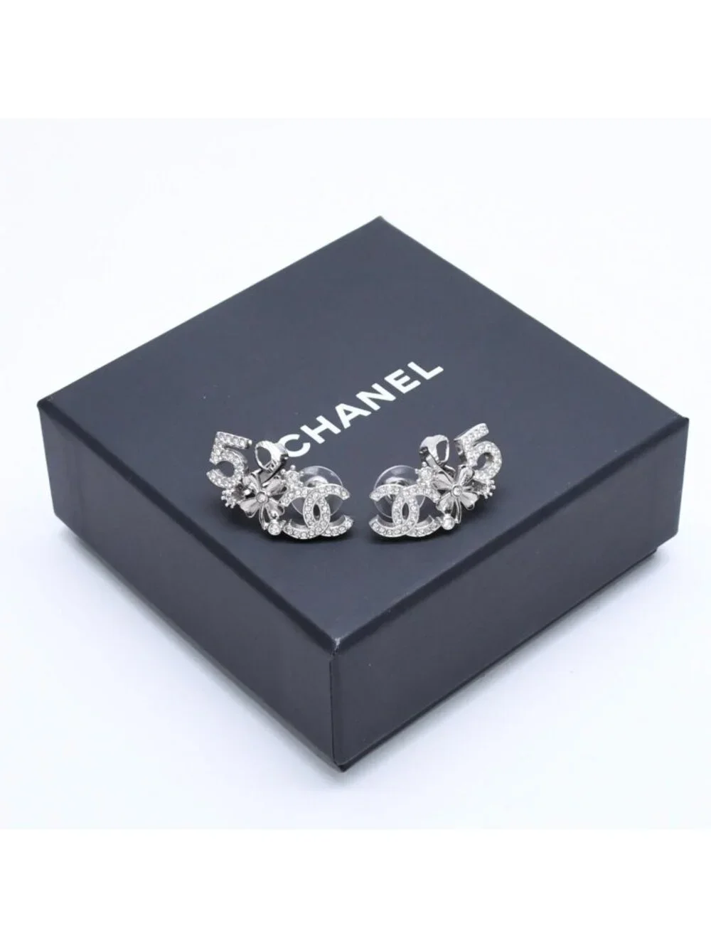 Chanel Earrings Cuff CC Logo & Stamp Metal Rhinestone Silver
